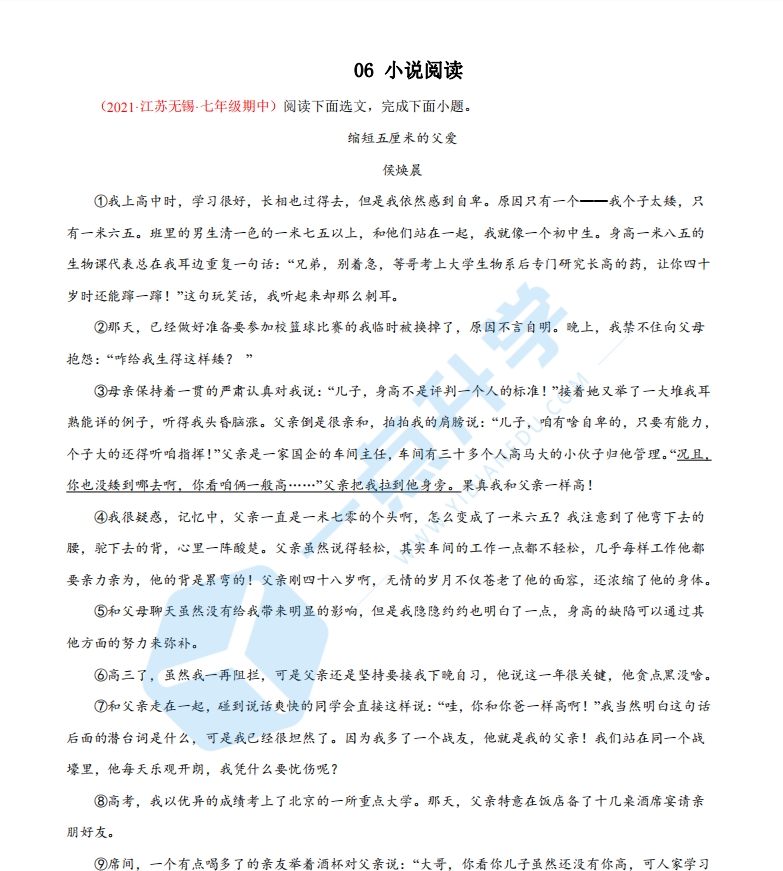 2022-2023学年七年级语文上学期期中专题复习06 小说阅读.