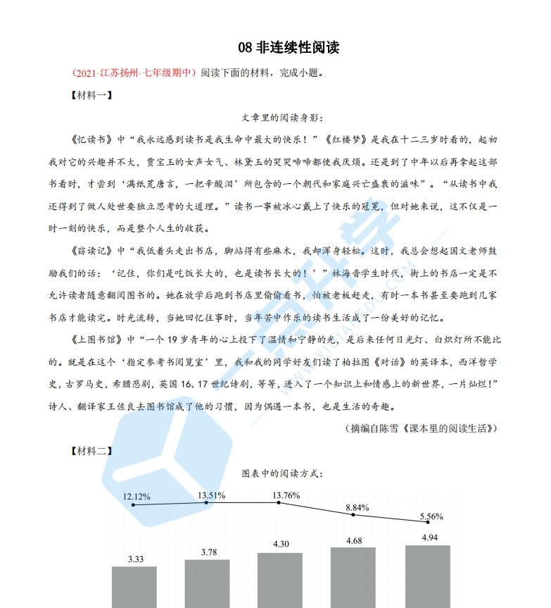 2022-2023学年七年级语文上学期期中专题复习08 非连续性阅读