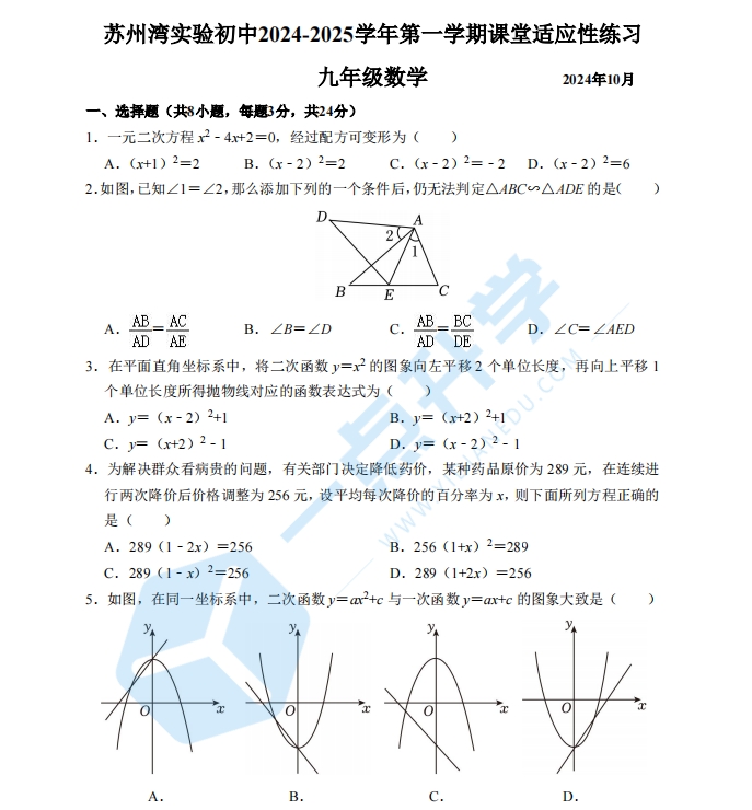 苏州市吴江区苏州湾实验2024-2025学年初三10月份月考数学试卷（含答案）
