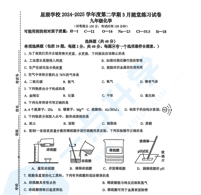 苏州市工业园区星湖学校2024-2025学年初三下学期3月份月考化学试卷（含答案）