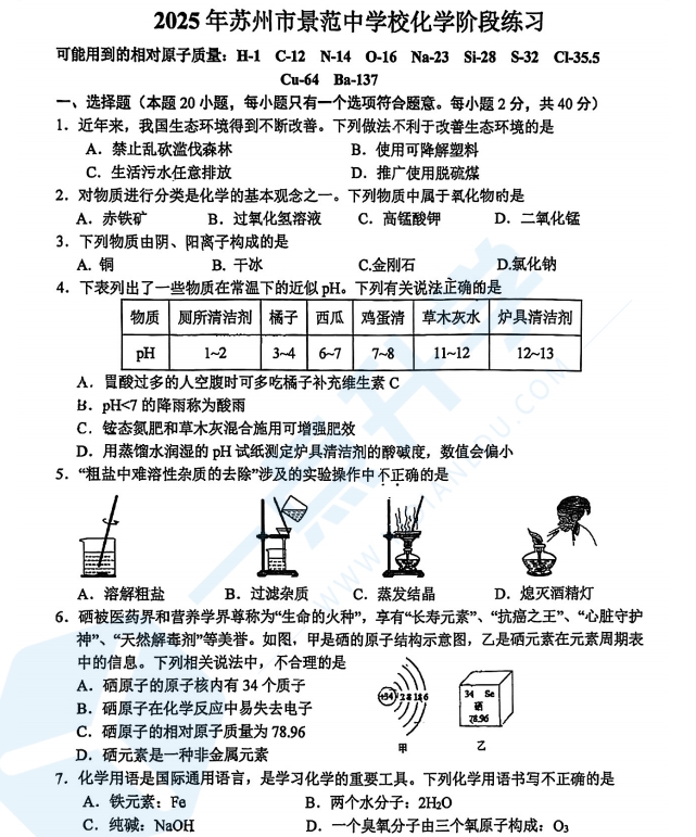 苏州市姑苏区景范中学2024-2025学年初三下学期3月份月考化学试卷