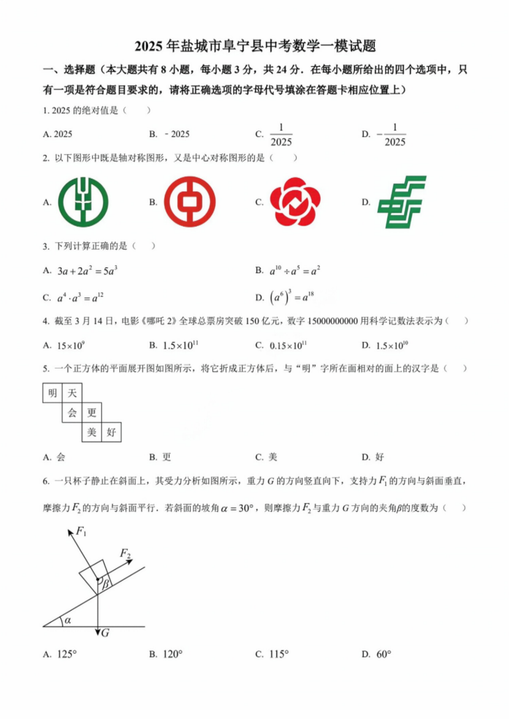 2025年盐城市阜宁县中考数学一模试题（含解析）