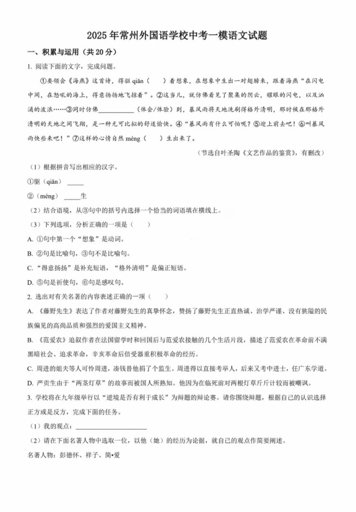 2025年常州外国语学校中考一模语文试题（含解析）