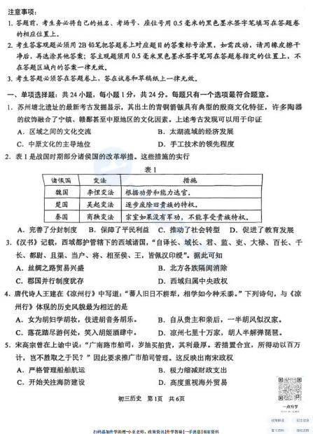 苏州市工业园区2025-2026学年初三第二学期4月一模考历史试题+答案